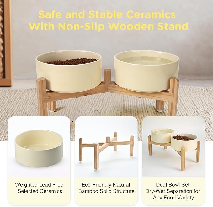 SPUNKYJUNKY Elevated Dog Bowls Ceramic, 7.3'' Dogs Food Water Bowls Raised with Non-Slip Bamboo Stand for Medium to Large Sized Breed Microwave Dishwasher Safe - 42 OZ,Beige