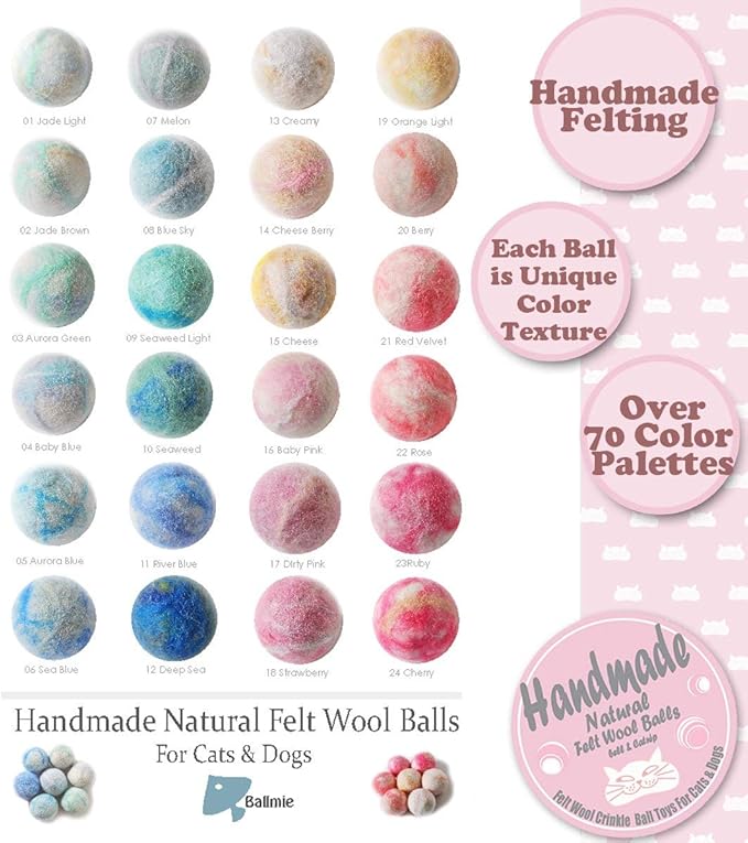 Felt Wool Cat Toys Ball with Catnip and Bell, Natural Handmade (Baby Pink (5 Units))