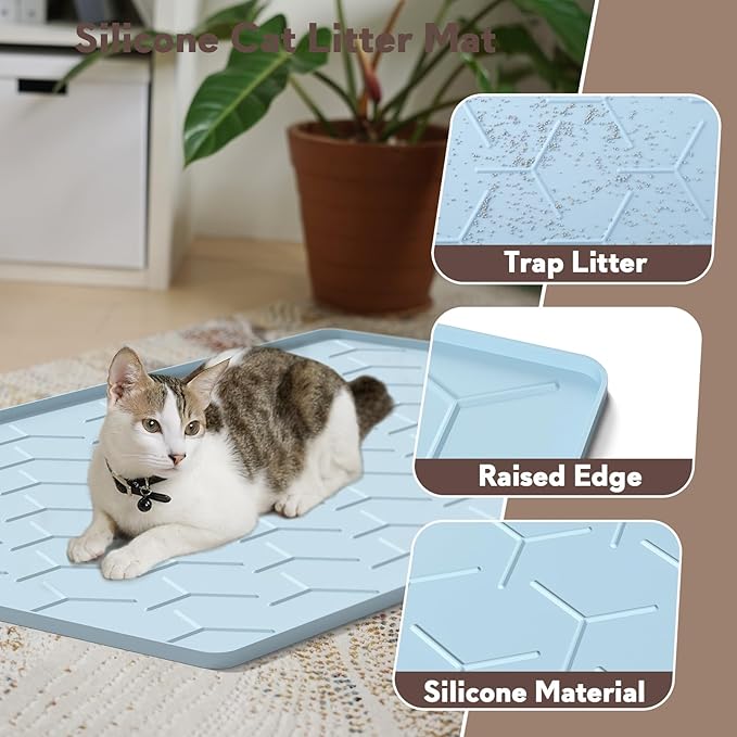 Silicone Cat Litter Trapping Mat, Large Waterproof 34" X 22" Cat Litter Box Mat, Easy to Clean, Blue