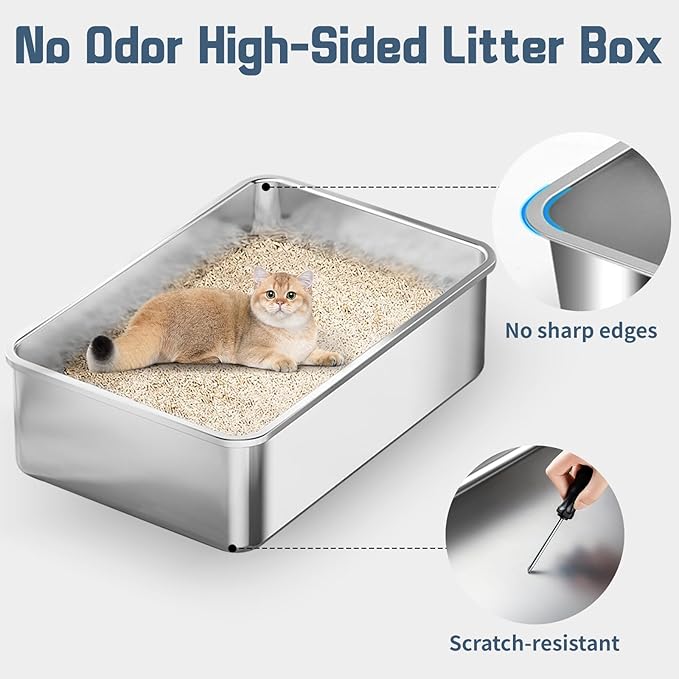 Stainless Steel Litter Box, 3 Pack 23.6" X 15.7" X 5.9" XL Metal High Sided Cat Litter Pan, Extra Large Stainless Steel Box Splash-Proof and Non-Stick Cat Poop Box odorless