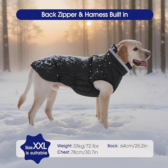 FUAMEY Dog Coat for Small Dogs,Waterproof Dog Winter Jacket with Harness Built in Puppy Cold Weather Coats Reflective Pet Vest with Zipper Warm Fleece Dogs Snowsuit Windproof Solid Black XS