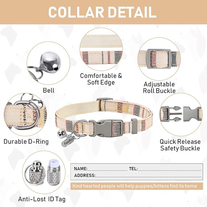 GAMUDA Small Dog Harness Collar and Leash Set, Step in No Chock No Pull Soft Mesh Adjustable Dog Vest Harnesses Plaid Reflective for Dogs Puppy Cats Kitten Rabbit (Beige Red, XXXS)
