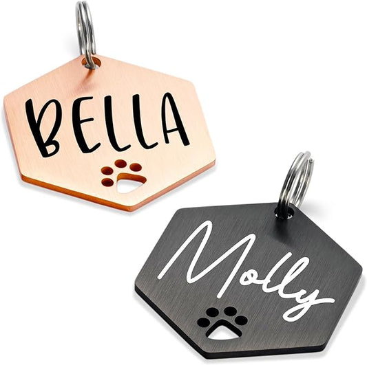 Ultra Joys Dog Tags Personalized for Pets - Hollow Paw Custom Pet ID Tag - Engraved Dog Tag for Small, Large Dogs - Small Hexagon in Black