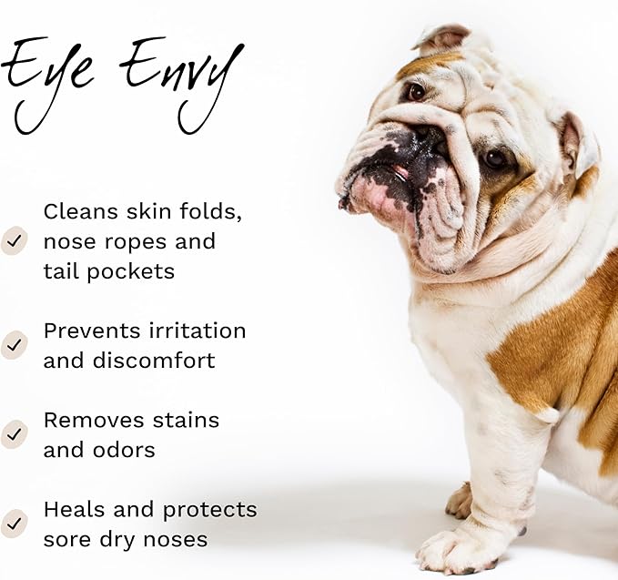 Eye Envy Bulldog Wrinkle Cleaner & Nose Care Kit. Bulldog Wrinkle Wipes, Tear Stain Powder, Applicator Brush & Dog Nose Balm. Cleans Skin Folds. Removes Stains. Helps Cracked Noses. Made in USA