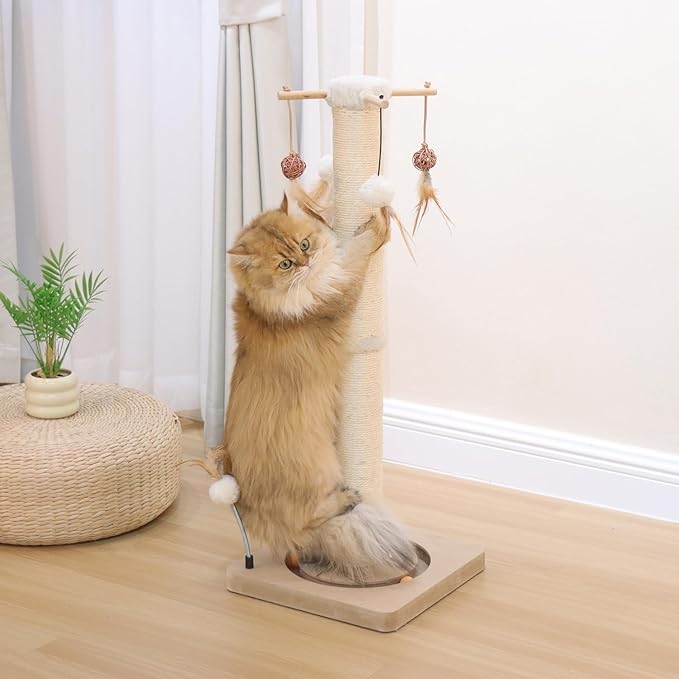 PEEKAB Cat Scratching Post 33 Inches Tall Large Sisal Scratch Posts with Track Ball Toys for Indoor Cats and Kittens,Vertical Scratcher Toy Beige