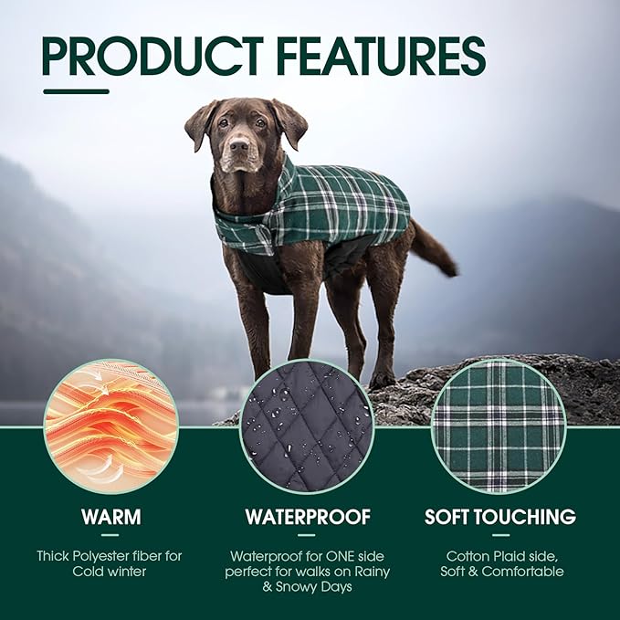 Kuoser Warm Dog Coat, Waterproof Dog Jacket for Extra Large Dogs, Adjustable Durable XL Doggie Winter Coat Reversible Cozy Puppy Cold Weather Apparel from Small to Large Breed, Green XL