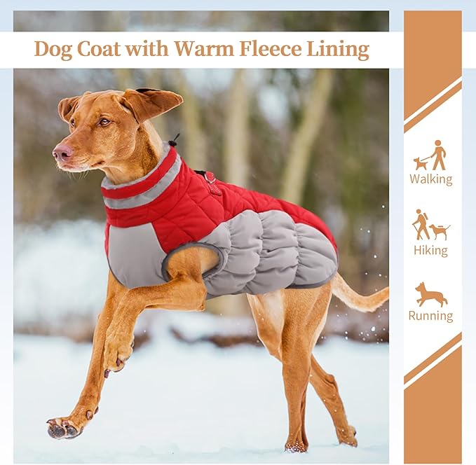 Dog Coats for Large Dogs,XL Dog Coat,Warm Fleece Winter Coat with D-Ring,Back Zipper Pet Jacket for Large Dogs,Waterproof Pet Snow Jacket Clothes Snowsuit Beagle Corgi Border Collie,Red,XL