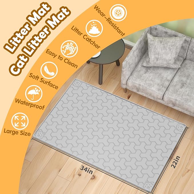 Silicone Cat Litter Mat, Large 34"x22", Foldable and Easy to Clean, Waterproof, Leak-Proof, and Urine-Proof, Protects Floors, Suitable for Indoor Litter Box Mats.(Gray)