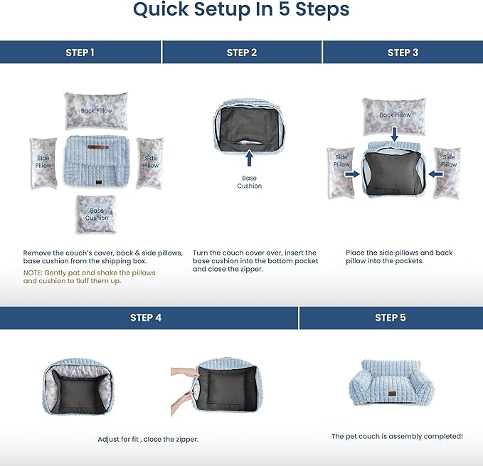 Cute Small Dog Couch Bed – Supportive & Fluffy Pet Sofa with Faux Rabbit Fur Washable Cover in 3D Diamond Pattern, 30" Light Blue