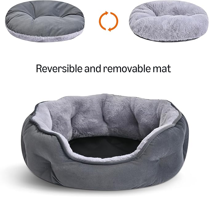 Amazon Basics Round Dog Bed for Small Dogs, Cat Beds for Indoor Cats, Washable Puppy Bed with Soft Plush Cushion, Anti-Slip Bottom, 20x19x6 Inches, Gray