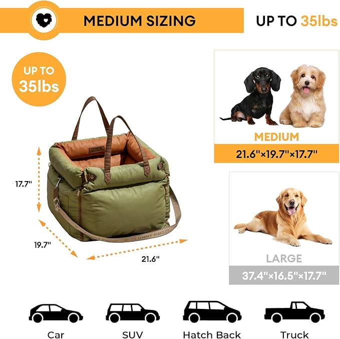 FUNNYFUZZY Dog Car Seat for Medium Sized Dogs, Waterproof 3 in 1 Soft Leather Dog Car Bed for Travel and Home,Portable and Safety,Fits Pets Up to 35 lbs(Green)