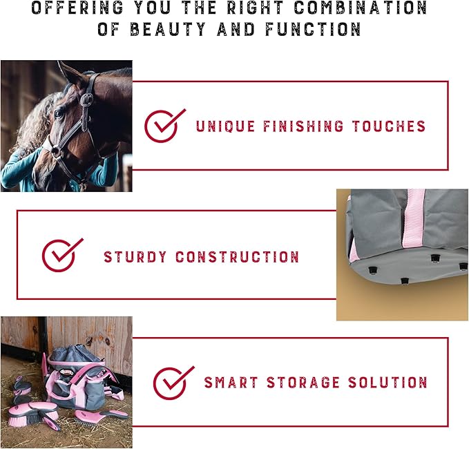 Weaver Leather Horse Grooming Kit, 7-piece Horse Brush Set with Organizer Tote Bag, Equine Care, Horse Tack Room Equipment, Grooming Horse Supplies, Gray/Pink