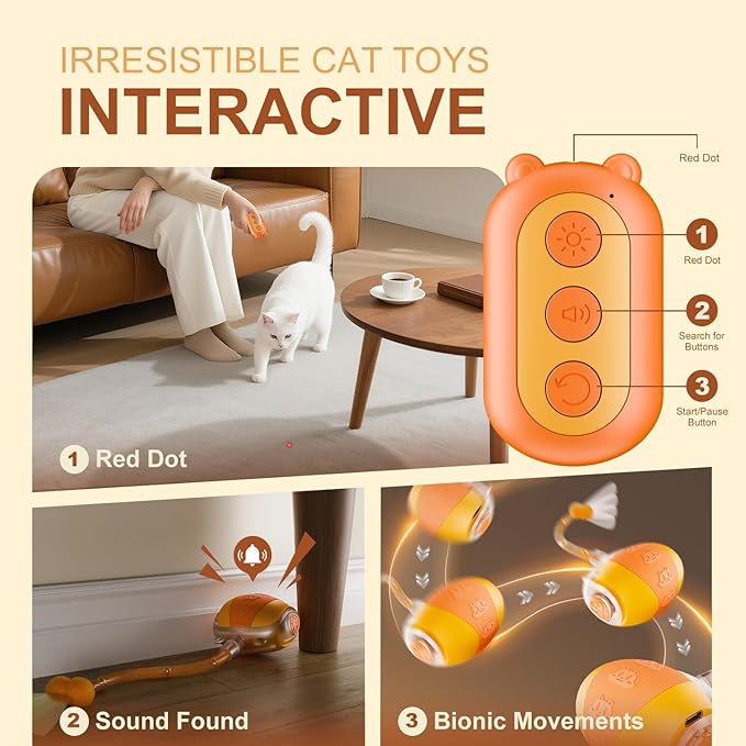 Interactive Cat Toys for indoor Cats,The 4rd Generation Agile Moving Cat Ball with 2 Elastic Mesh Tails,Automatic Kitten Toys for Bored Indoor Adult Cats,Motion Activate Cat Toys with search function