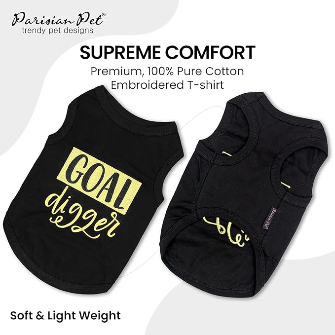 Parisian Pet Unisex Dog Tshirt - Embroidered “ Goal Digger “ Tank Top - Breathable and Lightweight Dog Clothes - Sleeveless Black Tee Shirts - Machine Washable Shirts for Medium Dogs - M