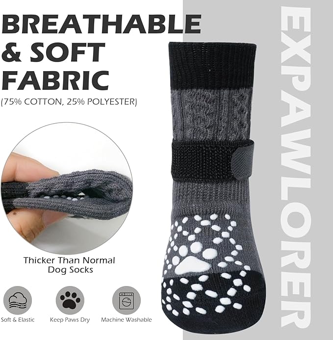 EXPAWLORER Dog Socks for Hot Pavement to Prevent Licking Paws, Non Slip Doggie Grippy Booties Shoes for Hardwood Floors, Boots & Paw Protectors for Small Medium Large Senior Dogs Twists Grey L