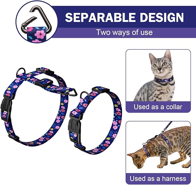 Hikiko Cat Harness and Leash Set Escape Proof Adjustable Walking Travel Cute Kitten Harness for Small Medium Large Cats (Navy Blue Floral, S)