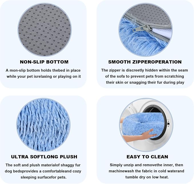 Calming Donut Pet Bed for Cats and Small Dogs, Washable Anti-Anxiety Round Bed with Non-Slip Bottom, [23.62 x 23.62 x 5.9 Inch] Plush Dog Cat Bed for Small Medium Pets(Blue)