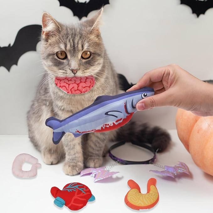 KOOLTAIL Halloween Cat Catnip Toys, 5 Pack Durable Soft Fish & Visceral Organs Toy Filled with Natural Catnip, Interactive Bite Resistant Chew Teeth Cleaning Gift for Indoor Cats Kitten Holiday