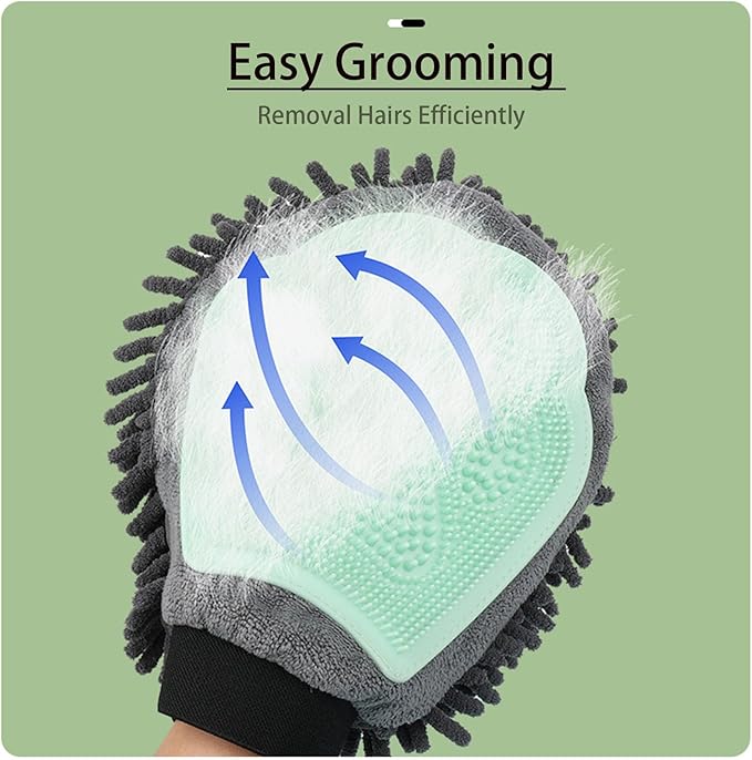 Dual Sided Pet Grooming Glove with Rubber Paw - 2-in-1 Grooming Glove | Fun Dogs & Cats Grooming Tool for Brushing, Massaging, and Scrubbing | Chenille Fabric Side Acts as Pet Bathing(Green)