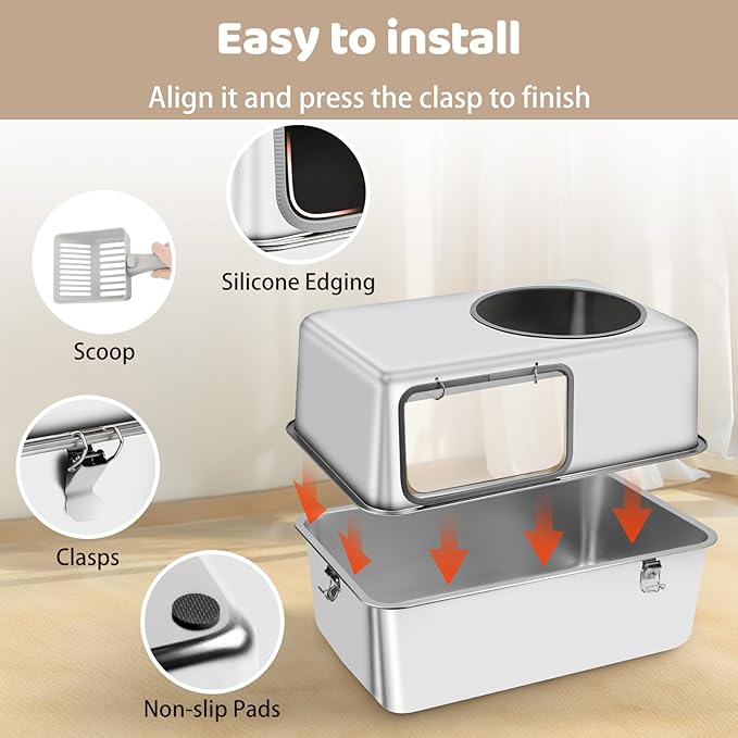 Stainless Steel Litter Box, 23.6" L x 15.7" W x 15.7" H XXL Enclosed Metal with High Sides Cat Litter Box, Extra Large Cat Toilet with Scoop, Non-Sticky, Odor Free, Easy to Clean