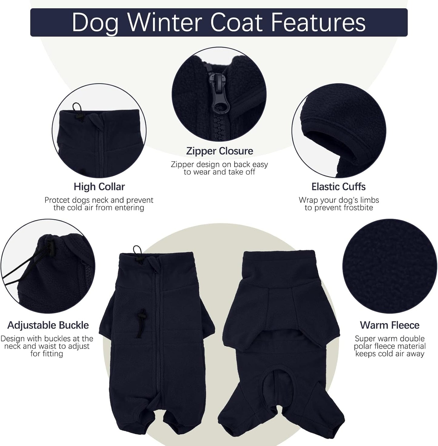 ROZKITCH Dog Winter Coat Soft Fleece Pullover Pajamas, Pet Windproof Warm Cold Weather Jacket Vest Cozy Jumpsuit Apparel Outfit Clothes for Small Medium Large Dog Walking Hiking Sleep Blue L