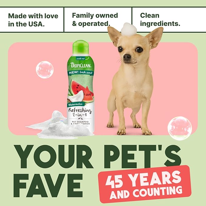 TropiClean Watermelon Refreshing 2-in-1 Cat & Dog Shampoo and Conditioner | Cat & Dog Bath Supplies | 20 oz | Made in The USA