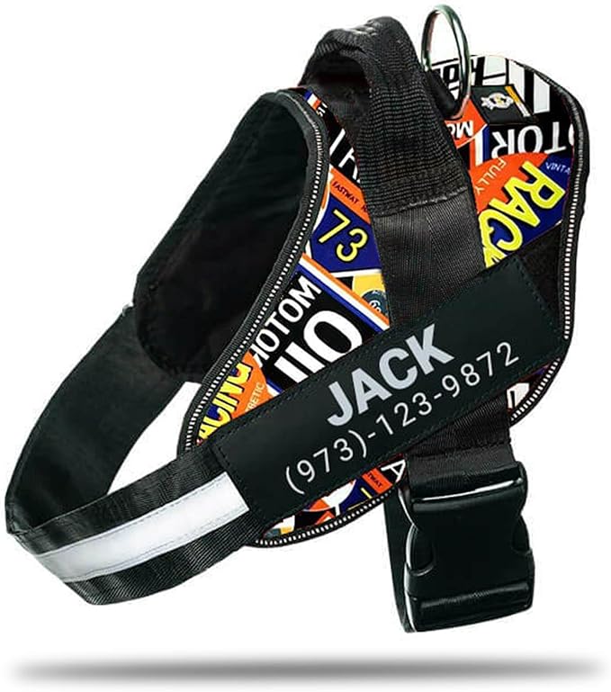 Personalized No-Pull Dog Harness with Name Patch, Adjustable, Reflective, Padded, Heavy Duty Pet Vest to Prevent Tugging, Pulling, or Choking, Training and Walking, Motorsport, XL