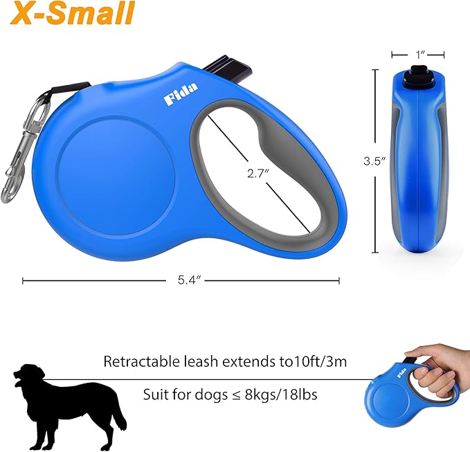 Fida Retractable Dog Leash with Dispenser and Poop Bags, 10 ft Pet Walking Leash for X-Small Dog or Cat up to 18 lbs, Anti-Slip Handle, Tangle Free, Reflective Nylon Tape (XS, Blue)