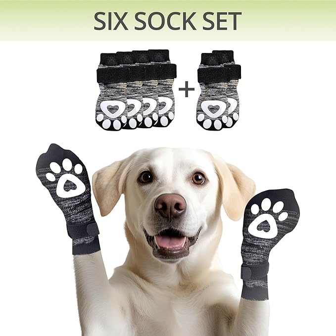 Non-Slip Dog Socks for Hardwood Floors - 6-Pack | Anti-Slip Toes to Prevent Licking Paws, Add Grip, and Provide Paw Protection | for All Ages and Senior Dogs - Medium