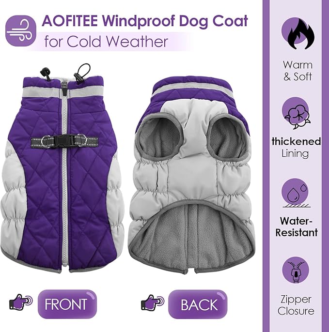 AOFITEE Dog Coat, Warm Dog Jacket, Reflective Winter Coats for Medium Dogs, Turtleneck Dogs Winter Jacket with Harness Built in, Waterproof Windproof Pet Fleece Vest Puffer Jacket, Purple M