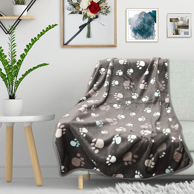 Rezutan Dog Blanket for Large Dogs, Upgraded 3 Pack Dog Cat Flannel Blankets Washable, Soft Pet Throw Cover Suitable for Kennel Crate Bed, Cute Paw Pattern, Grey, 31" x 41"