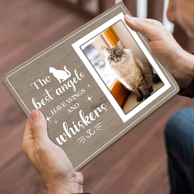 Cat Picture Frame, Cat Memorial Wooden Photo Frame, Pet Remembrance Gift, Sympathy Gift for Pet Owner, Cat Memorial Gifts for Loss of Cat, The Best Angels Have Wings and Whiskers (Gray, 4 x 6 Photo)