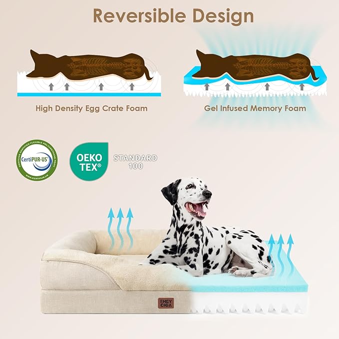 EHEYCIGA Memory Foam Dog Bed for Large Sized, Orthopedic Dog Sofa with Sides and Waterproof Liner, Washable Bolster Pet Couch with Removable Cover, 41x27x7.5 Inch, Beige