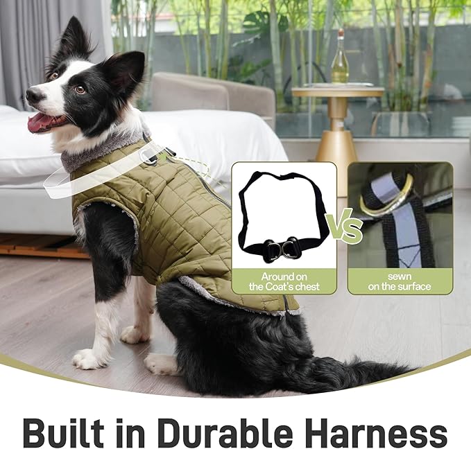 Warm Fleece Dog Coats with Durable Harness Buitl in D-Ring,Waterproof Puppy Jacket for Small Dogs,Dog Vest for Cold Winter,Green S