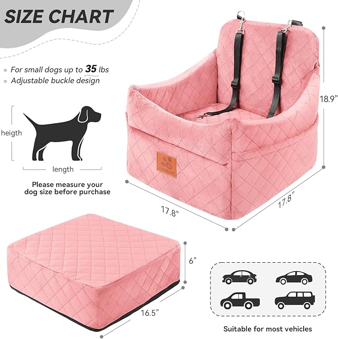 Dog Car Seat for Small/Medium Dogs, Dog Booster Car Seats with Thick Cushion for Dogs Under 35lbs, Detachable Washable Pet Bed with Storage Pockets, 2 Safety Belts (Pink)