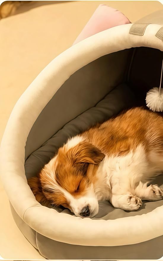 Covered Cat Bed, Orthopedic Memory Foam Cat Beds for Indoor Cats, Enclosed Cave Design with Washable Inner Cushion, Pink Cat Ears & Hanging Pom - Pom for Large Cats & Small Dogs