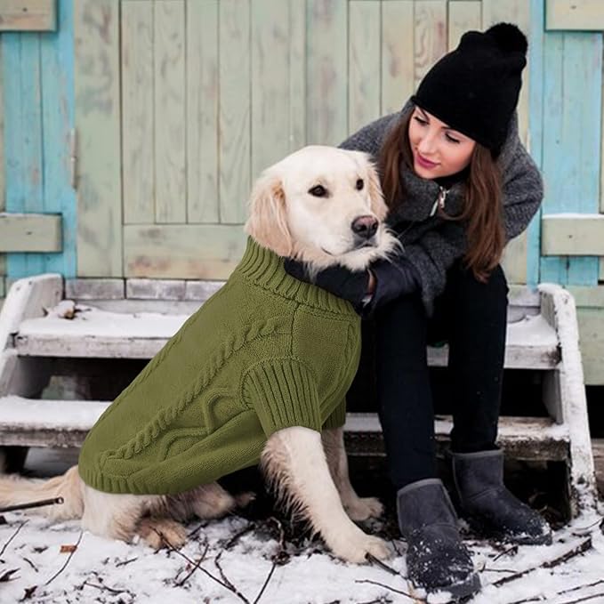 Queenmore Small Dog Pullover Sweater, Cold Weather Cable Knitwear, Classic Turtleneck Thick Warm Clothes for Chihuahua, Bulldog, Dachshund, Pugl,OliveGreen,XL