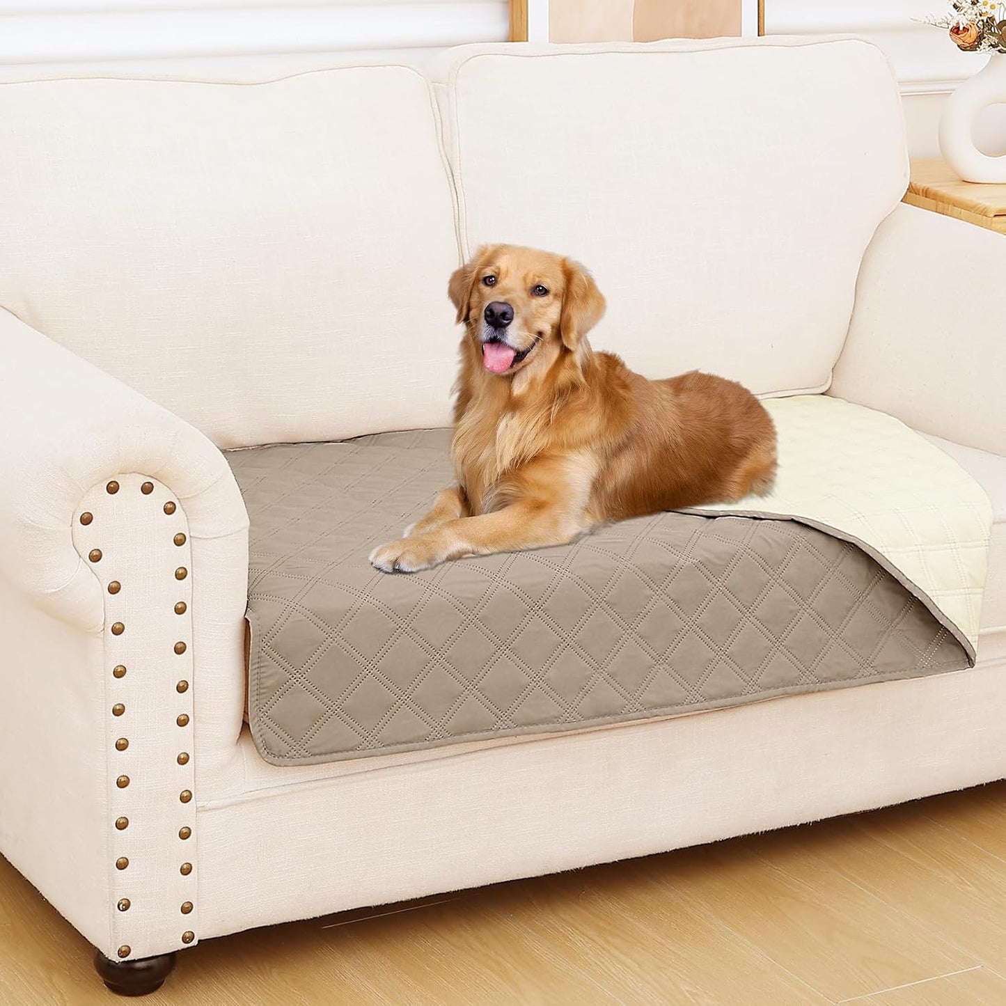 Smiry Waterproof Dog Bed Cover Pet Blanket, Soft Washable Dog Blanket for Furniture Bed Couch Sofa Reversible, Checkered (30"x53", Taupe/Beige)