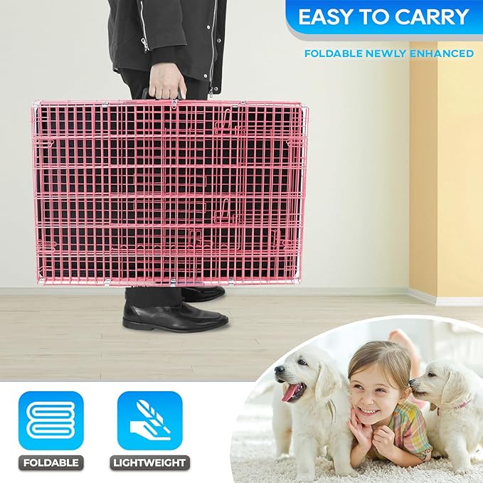 FDW Dog Crate for Small Dogs 18 Inch Folding Metal Wire Pet Cage Single Door W/Divider Panel Indoor Outdoor Kennel Leak-Proof Plastic Tray,Pink