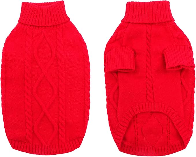 Queenmore Small Dog Pullover Sweater, Cold Weather Cable Knitwear, Classic Turtleneck Thick Warm Clothes for Chihuahua, Bulldog, Dachshund, Pug (Red, Medium)
