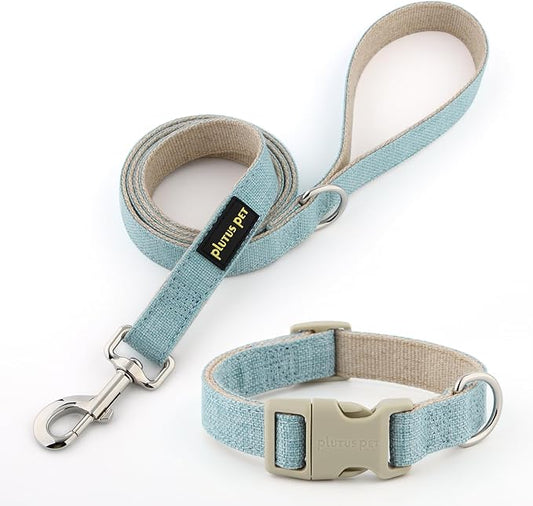 Plutus Pet Cotton Hemp Dog Collar and Leash Set, Adjustable Collar for Small, Medium, and Large Dogs, Heavy Duty and Soft on Skin, Light Blue, S