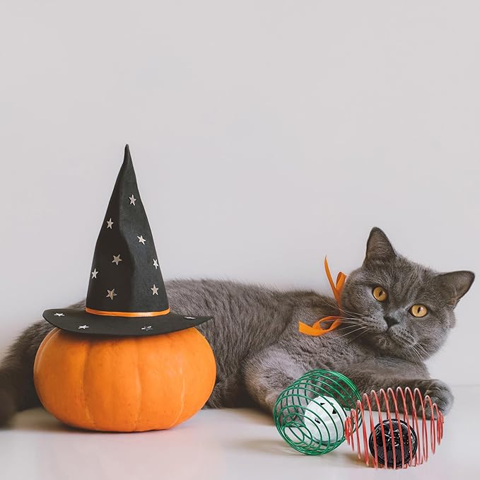 Jecery 5 Pcs Halloween Cat Spring Balls Toys Stretchable Rolling Balls Colorful Playful Coils Interactive Spring Action Toy Caged Rats for Kitten Cat Pet Supplies(Bell,Halloween Colors,5 Pcs)