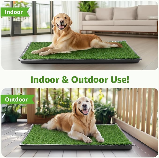 LOOBANI Large Dog Grass Pad with Tray - 35x23in Dog Litter Box with 2 Artificial Grass Patch + 2 Washable Pee Pads - Quickly Absorbency Indoor Outdoor Potty for Patio Balcony Apartment Use
