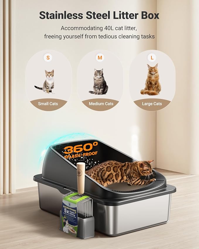 Stainless Steel Cat Litter Box with Scoop, Metal Litter Box High Sided, Cat Litter Box Enclosure, XL Extra Large High-Sided Litter Boxs (Anti-Urine Leakage, Include Scoop) (Black)