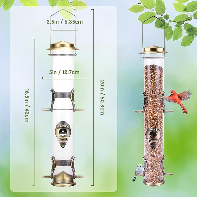MIXXIDEA Metal Wild Bird Feeder, Squirrel Proof for Outside, Hanging 6 Port Tube Transparent Finch Feeder for Attracting Birds in Lawn, Garden, Balcony - Bronze