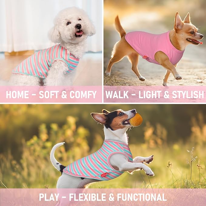 KYEESE 2Pack Dog Shirts Striped T Shirt Soft Tee for Small Dogs Cotton Tank Top Lightweight Sleeveless Vest Dog Clothes, Small,Pink+Striped