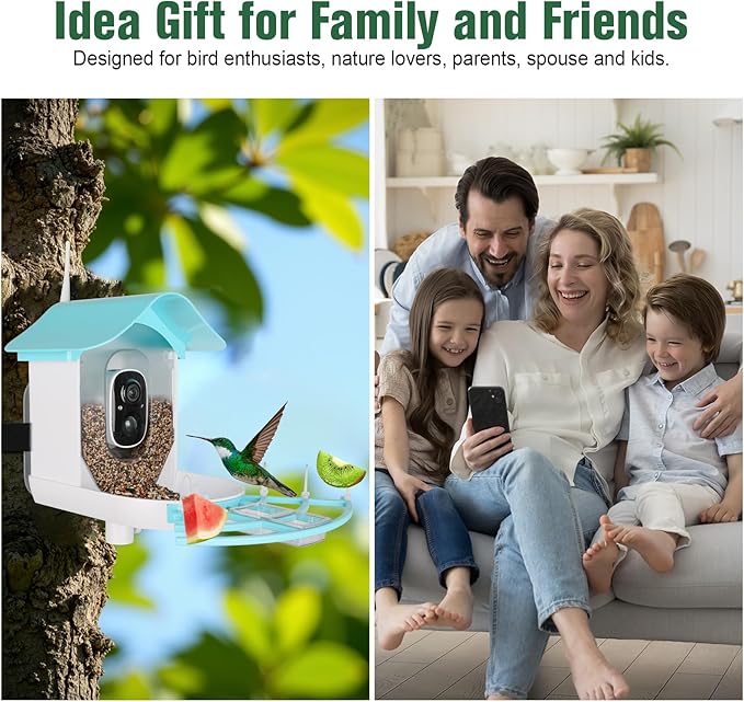 Bird Feeder with Camera, AI Identify Birds Species Solar Powered, Auto Record Videos in Backyard, Instant Notifications, Ideal Gift for Family and Bird Lovers
