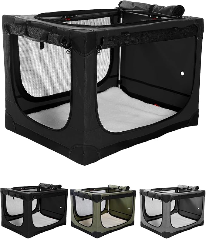 36 Inch Collapsible Travel Dog Crate for Medium Large Dogs, Portable Dog Crate 4-Door Foldable Soft Kennel with Durable Mesh Windows for Indoor & Outdoor Travel, with Storage Bag,Black