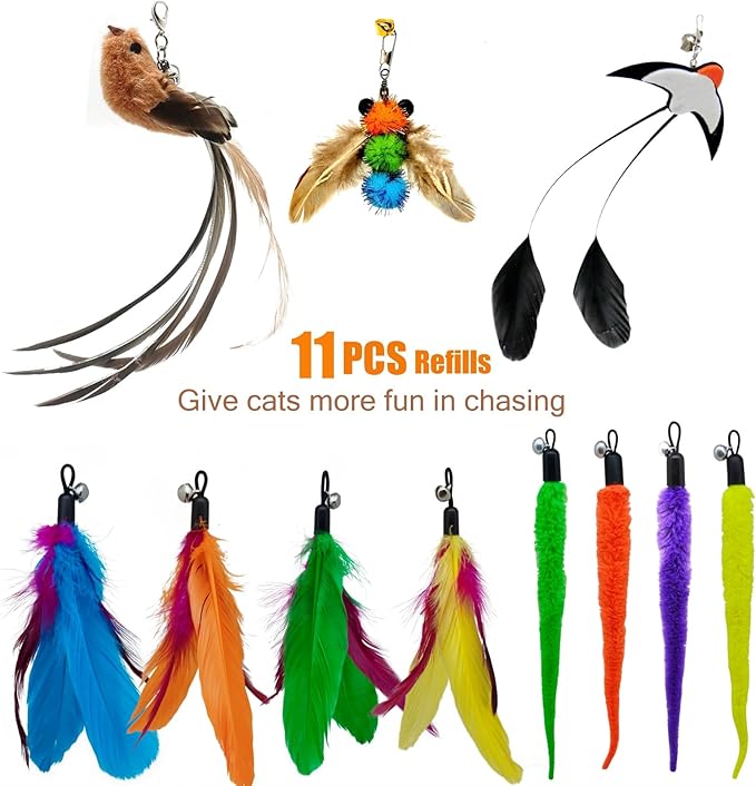 Interactive Cat Wand Toy Set – 2 Retractable Wands (38" & 50") with 11 Refills Attachments – Feather Toys, Plush Bird, Worms, Insect & Swallow – Cat Teaser Toys for Indoor Cats & Kittens