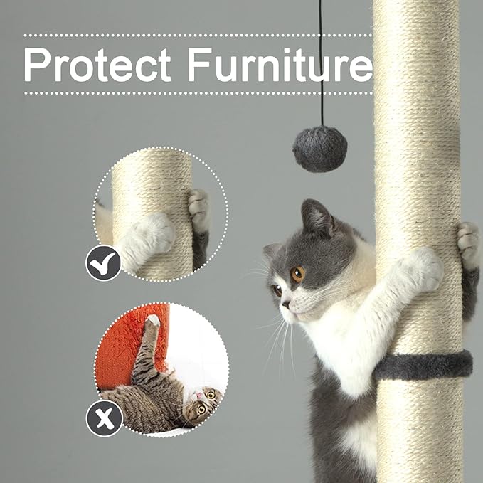 PEEKAB 32" Tall Cat Scratching Post Sisal Scratch Posts with Hanging Ball and Self-Massage Brush Vertical Scratcher for Indoor Cats and Kittens Gray 32inches